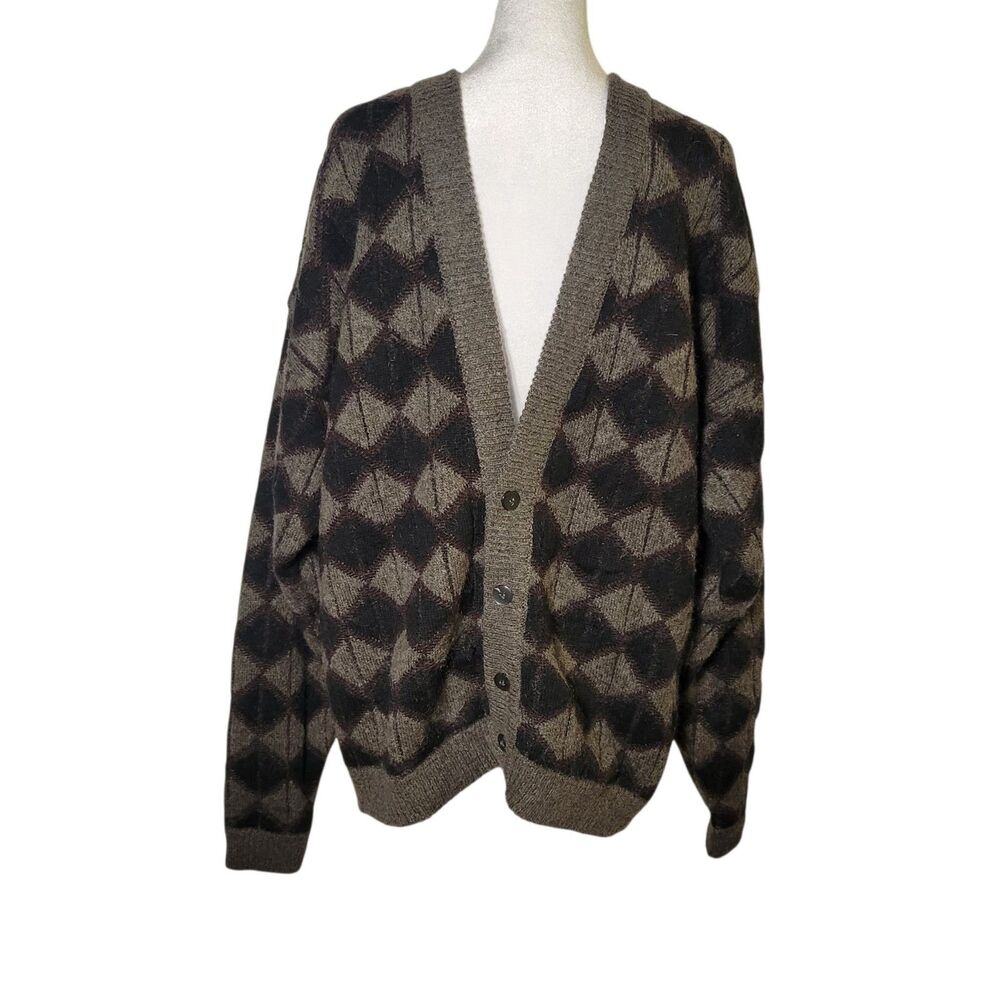 Vtg 90s JED Argyle Cardigan M Wool Grandpa Retro Grunge Dark Academia Cabincore